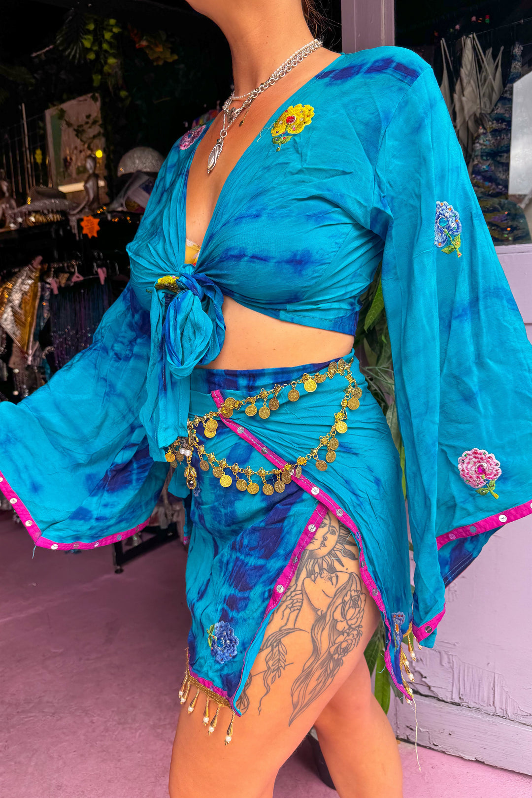 Aqua Skirt Bell Sleeve Set