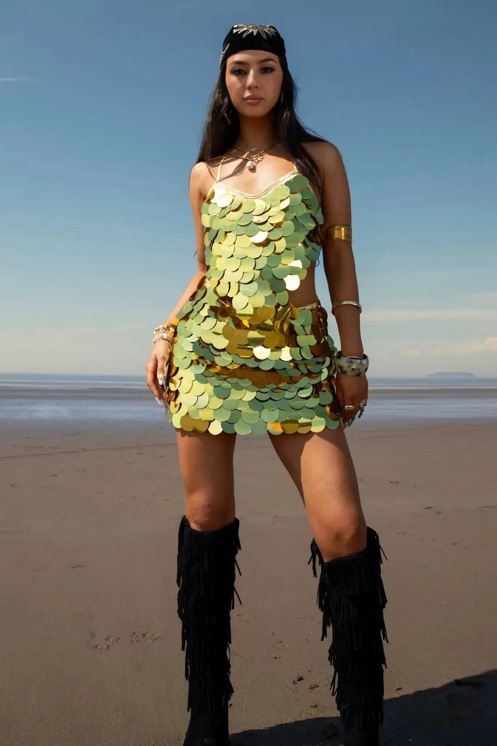 Front view of Belize Crop Top (Copy) styled with black fringe boots, perfect for standout festival and rave outfits.