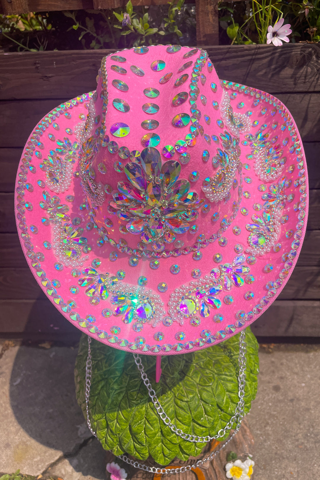 Pink Rodeo Cowboy Hat covered in iridescent rhinestones and pearl embellishments, perfect for rave and festival fashion on Wild Thing.
