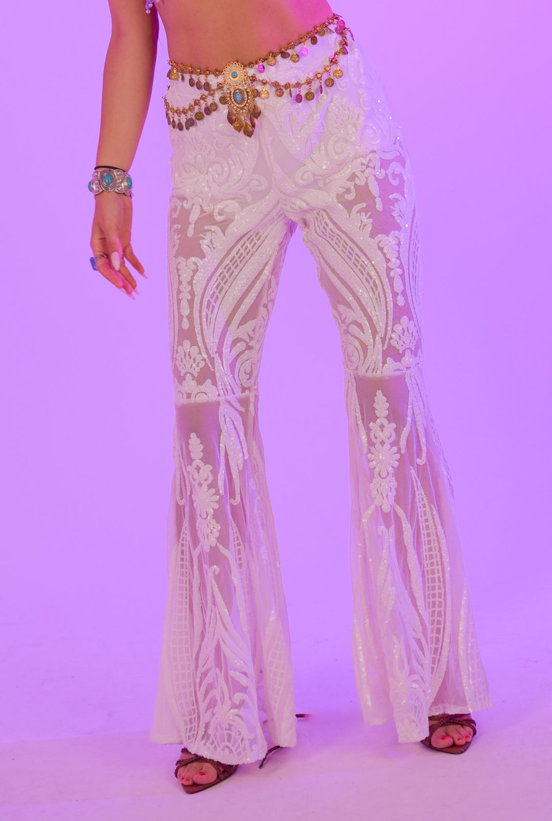 Swan Flares white lace bell-bottom pants with intricate embroidery, ideal for rave and festival outfits on Wild Thing.