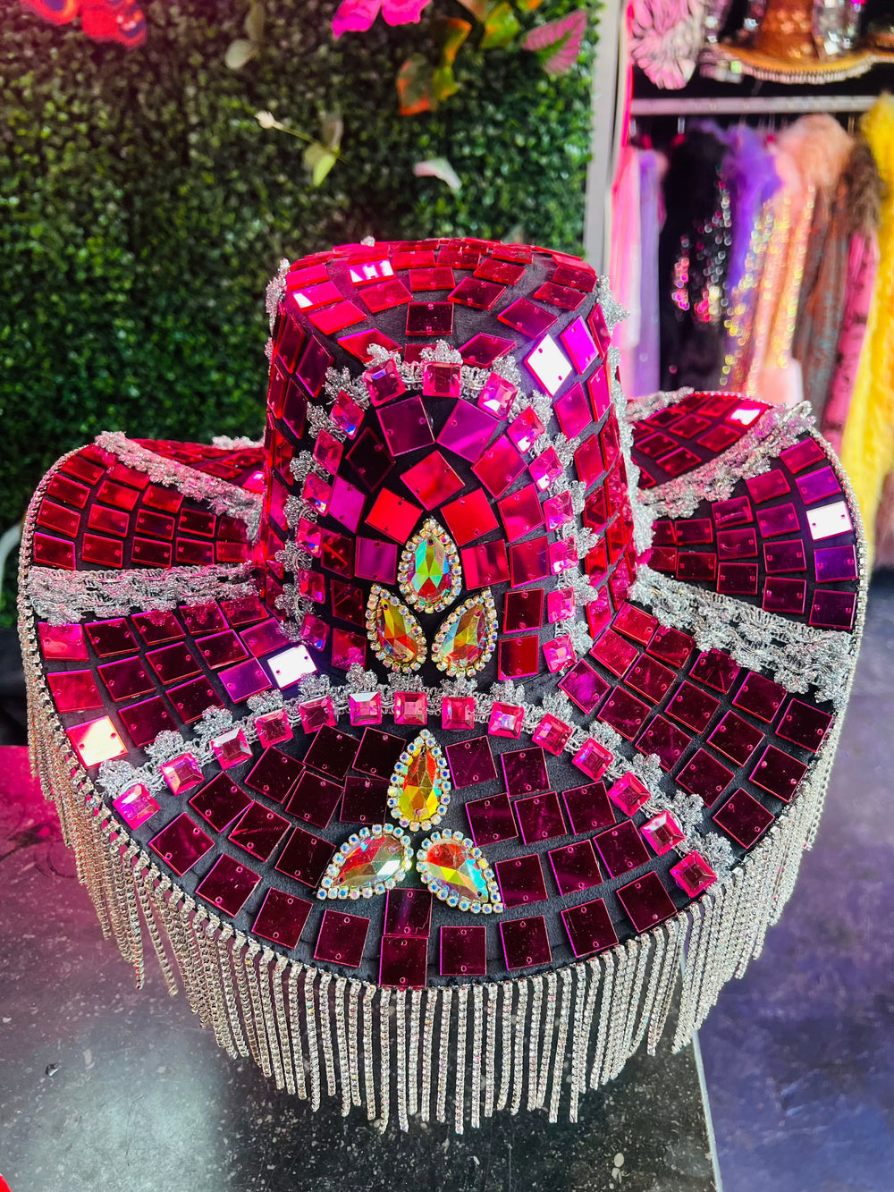 Front view of Pink Molly Mirror Cowboy Hat featuring pink mirrored tiles, crystal embellishments, and dangling fringe for festival fashion.
