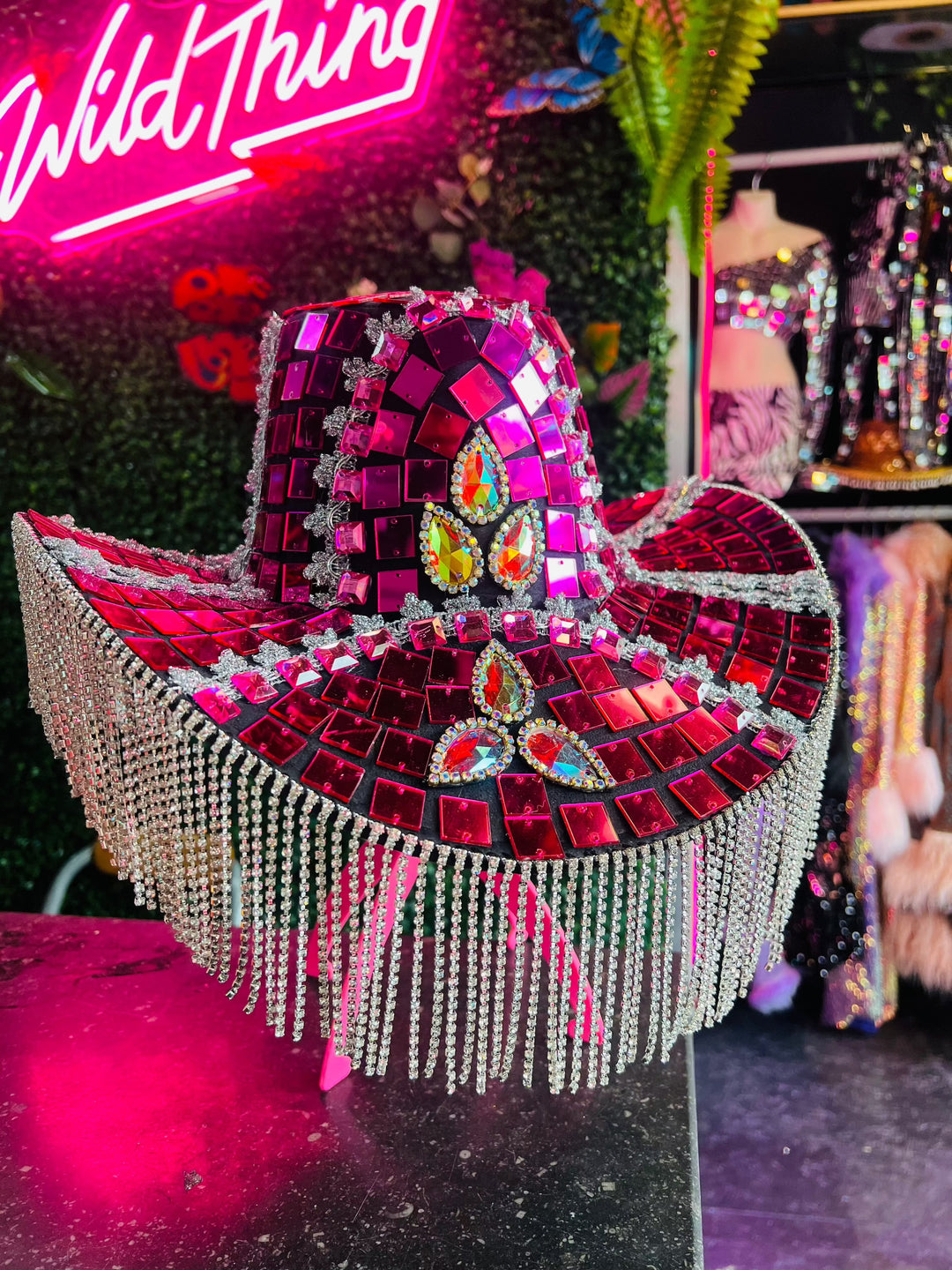 Pink Molly Mirror Cowboy Hat with reflective mosaic tiles, rhinestone fringe, and floral gem accents, perfect for rave and festival outfits.
