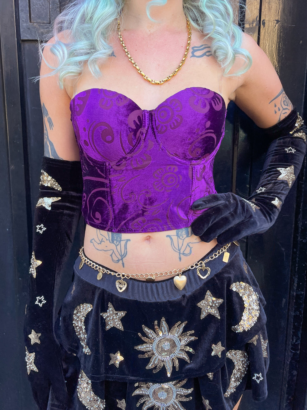 Dixie Velvet Corset Top in purple velvet with strapless sweetheart neckline, styled for alternative rave and festival fashion.