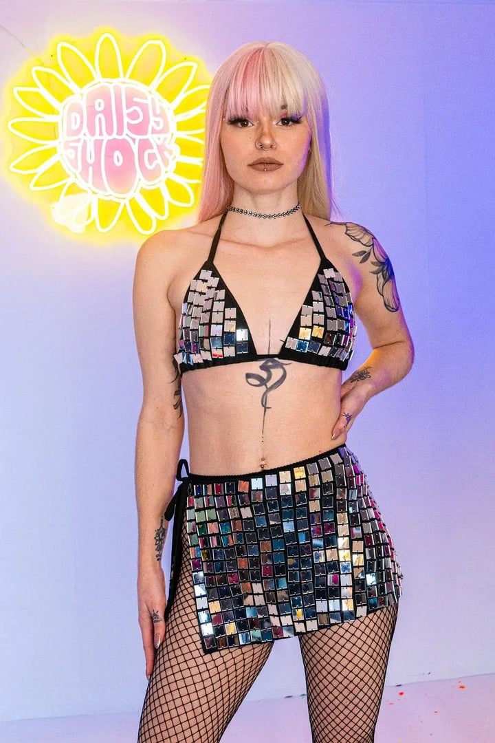 Close-up of Molly Mirror Bikini Top and matching skirt set, highlighting the reflective mirror tiles and triangle tie-up design for womens swimwear.